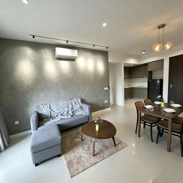 Living features: grey fabric sofa with chaise, round wooden coffee table, area rug with neutral color, dining table with four chairs, pendant light fixture, wall-mounted split AC, recessed downlights, textured grey accent wall, white walls, open kitchen area visible; style: modern.