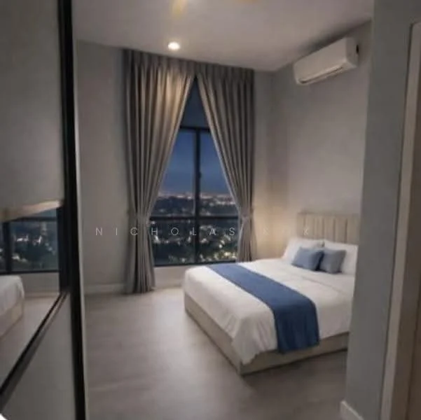 Bedroom features: king-size bed with white bedding, upholstered headboard, two bedside lamps, floor-to-ceiling window, grey curtains, wall-mounted split AC, light-colored walls, laminate flooring, decorative mirror, nightstand; style: modern; view: city.