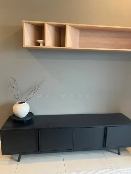 Room features: black console table with four doors, light wood open shelving above console, decorative white vase, decorative plant branch in vase, neutral wall colour, light tile flooring; style: modern.