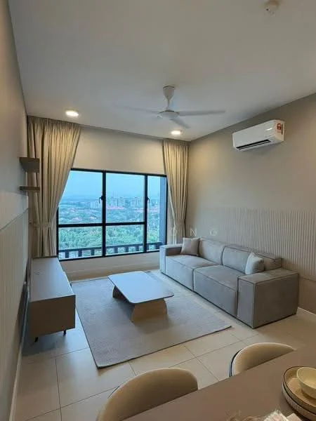 Living features: 3-seater fabric sofa in light grey, coffee table, TV console, wall-mounted TV, area rug, floor-to-ceiling windows, sheer curtains, 5-blade ceiling fan with light, wall-mounted split AC, light-coloured painted walls, tile flooring; style: modern; view: city.