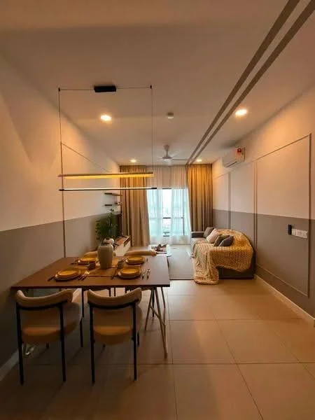 Living features: dining table with 4 chairs, pendant lighting above dining table, sofa with throw blanket, floor-to-ceiling windows, curtains, ceiling fan, wall-mounted air conditioning unit, light-colored walls with accent color, tile flooring, decorative plant, wall-mounted shelf, decorative items on shelf; style: modern; view: city.