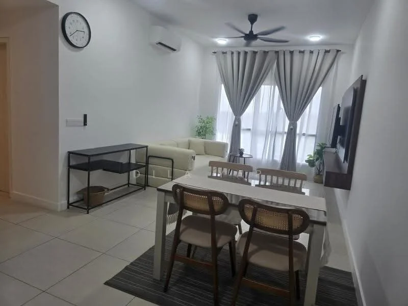 Living features: light grey walls, white ceiling, 5-blade ceiling fan with light, floor-to-ceiling windows with sheer curtains, light-coloured sofa, wooden dining table with 4 chairs, black metal console table, area rug with striped pattern, indoor plant in ceramic pot, wall-mounted TV, decorative wall panel; style: modern.
