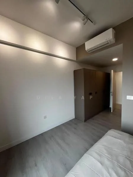 Room features: light grey painted walls, wooden flooring, 1 wall-mounted split AC, recessed LED downlights, built-in wardrobe, white door, neutral colour scheme, track lighting; style: modern.