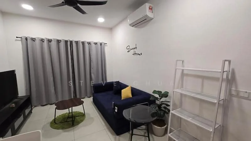 Living features: 3-seater fabric sofa in navy blue, yellow accent pillow, round glass coffee table, small round green area rug, TV console, wall-mounted TV, ceiling fan, 1 wall-mounted split AC, grey curtains, decorative wall art, metal shelving unit, indoor plant in ceramic pot; style: modern.