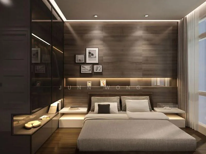 Bedroom features: king-size bed with grey bedding, black glossy cabinetry, wood panel accent wall, recessed LED downlights, nightstands with lamps, framed artwork on wall, sheer curtains, wooden flooring; style: modern.