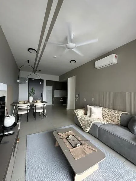 Living features: grey painted walls, light grey flooring, 5-blade ceiling fan, recessed downlights, sofa in grey fabric, coffee table with storage, area rug with geometric pattern, TV console, wall-mounted TV, decorative throw pillows, dining table for four, pendant lighting above dining table; style: modern.