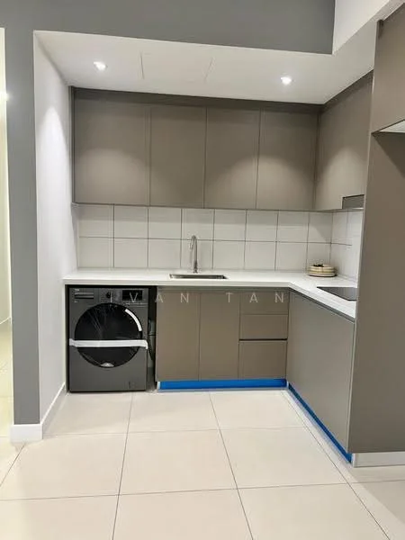 Kitchen features: grey cabinetry, white countertop, single-bowl stainless-steel sink, chrome pull-down faucet, built-in washing machine, white tiled backsplash, recessed downlights, ceramic tile flooring; style: modern.