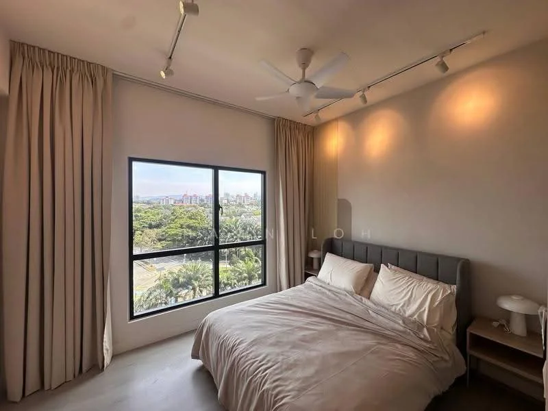 Bedroom features: king-size bed with grey upholstered headboard, white bedding, floor-to-ceiling window, city view, light grey painted walls, wooden flooring, 5-blade ceiling fan, recessed downlights, curtains, nightstand with lamp; style: modern; view: city.