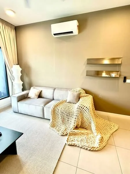 Living features: beige fabric sofa, decorative throw blanket, light-colored area rug, wall-mounted air conditioning unit, cream curtains, shelf unit on wall, neutral painted walls, tile flooring; style: modern.