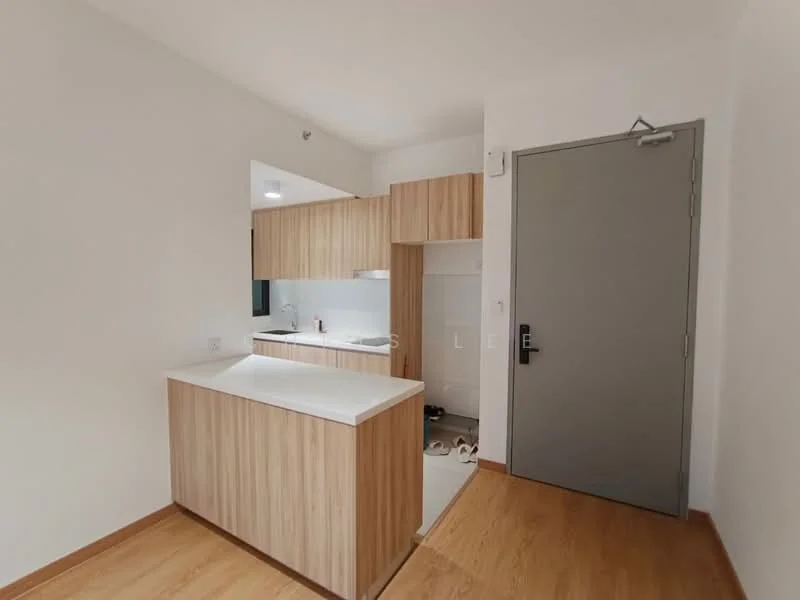 Kitchen features: laminate wood cabinetry, white countertop, single-bowl stainless-steel sink, chrome pull-down faucet, built-in stove, open layout, light wood flooring, white walls; style: modern. Room features: grey door, light wood flooring, white walls.
