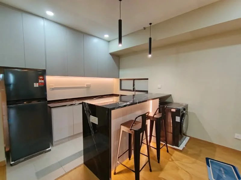 Kitchen features: black granite countertop, white cabinetry, stainless-steel fridge, built-in oven, stainless-steel sink, chrome pull-down faucet, black bar stools, recessed downlights, pendant lighting, wooden flooring, open layout; style: modern.