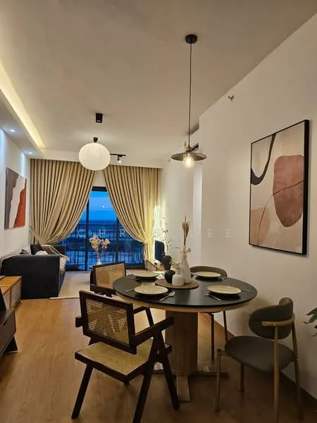 Living features: floor-to-ceiling windows, curtains, sofa in dark blue, coffee table, area rug, wall-mounted artwork, pendant light, recessed lighting, wooden flooring, decorative plants, dining table with round top, four dining chairs, decorative vase; style: modern; view: city.
