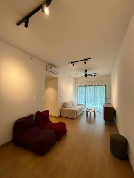 Living features: light wood flooring, white painted walls, recessed downlights, 5-blade ceiling fan with light, sofa in cream, coffee table, two bean bags in burgundy, large window with sheer curtains, sideboard, air conditioning unit; style: modern; view: garden.