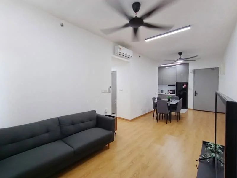 Living features: grey fabric sofa, wooden flooring, white painted walls, 5-blade ceiling fan with light, wall-mounted TV, recessed LED downlights, decorative plant in pot, open layout to kitchen-dining area; style: modern. Dining features: 4-seater dining table, upholstered dining chairs, kitchen area visible in background, 5-blade ceiling fan with light; style: modern.
