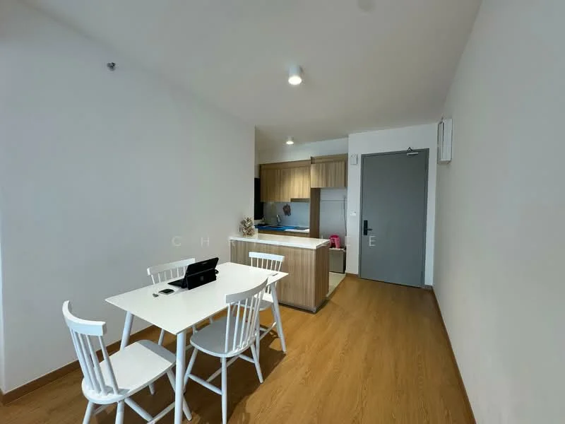Dining features: white dining table, 4 white dining chairs, laminate flooring, light grey kitchen cabinetry, stainless-steel fridge, built-in oven, countertop with breakfast bar, recessed downlights, grey door, neutral painted walls; style: modern.