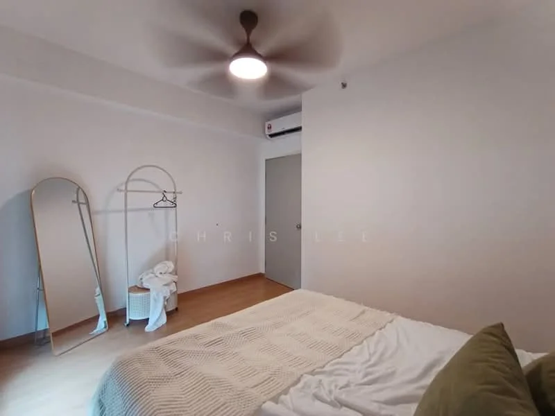 Bedroom features: queen-size bed, upholstered headboard, 2 bedside pillows, 5-blade ceiling fan with light, wall-mounted split AC, full-length mirror, clothes rack, wooden flooring, white painted walls; style: modern.
