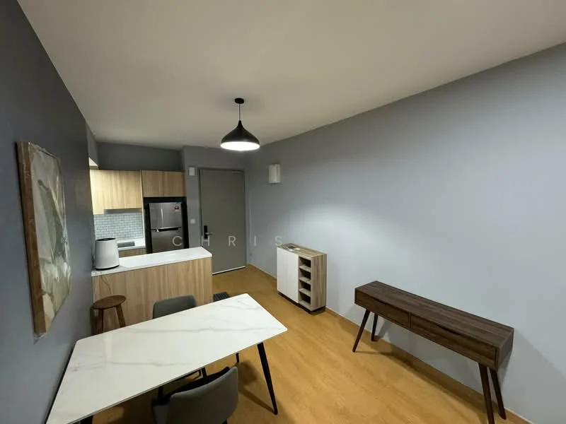 Living features: grey painted walls, laminate flooring, pendant light, dining table with marble top, 4 dining chairs, wooden sideboard, kitchenette with wooden cabinetry, stainless-steel fridge, built-in oven, microwave, sink, countertop with breakfast bar; style: modern.