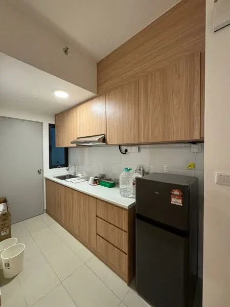 Kitchen features: wood cabinetry, white countertop, stainless-steel sink, chrome pull-down faucet, built-in stove, refrigerator, tile backsplash, under-cabinet lighting, ceramic tile flooring, wall-mounted kitchen hood; style: modern.
