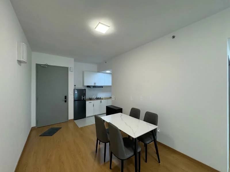 Dining features: white walls, wooden flooring, 4-seater dining table with marble top, grey upholstered dining chairs, recessed ceiling lights, kitchenette with white cabinets, stainless-steel fridge, built-in oven, 2-burner gas hob, sink, wall-mounted air conditioning unit; style: modern.