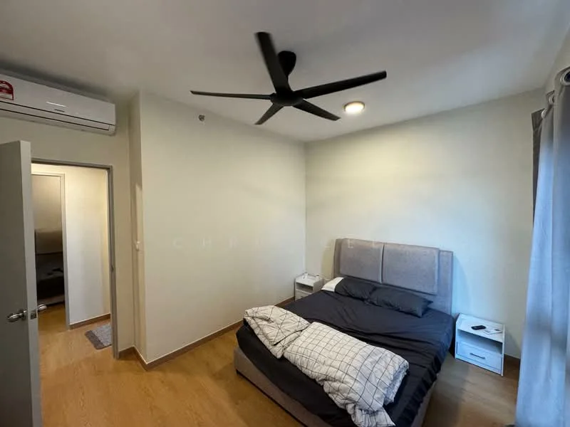 Bedroom features: queen-size bed with dark bedding, upholstered headboard, 2 bedside tables, 1 wall-mounted air conditioning unit, 5-blade ceiling fan, wooden flooring, light-colored painted walls, curtains on window; style: modern.