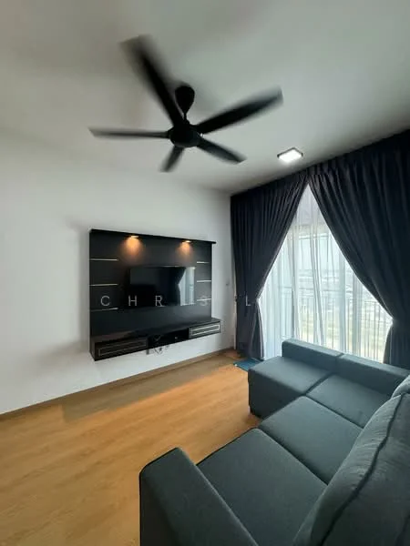 Living features: 3-seater fabric sofa in grey, wall-mounted TV, black TV console, 5-blade ceiling fan, floor-to-ceiling windows, sheer curtains, wooden flooring, recessed LED downlights, decorative wall panel; style: modern; view: city.
