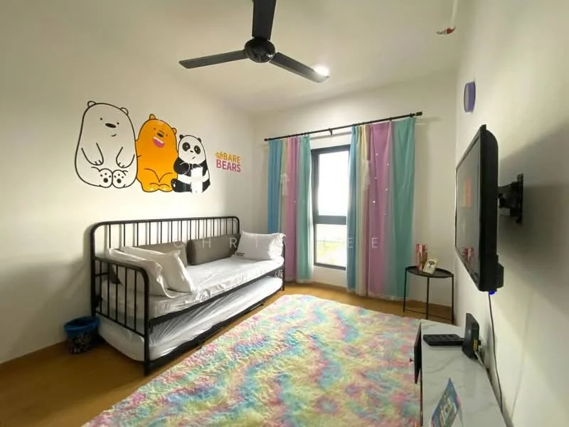 Bedroom features: black metal bed frame, white bedding, colorful area rug, wooden flooring, ceiling fan, wall-mounted TV, decorative wall decals, curtains in pastel colors, small side table, trash bin; style: modern.