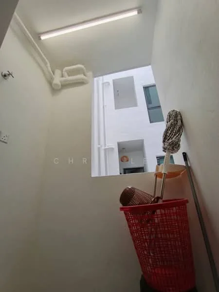 Room features: white painted walls, concrete flooring, overhead LED lighting, window providing natural light, cleaning supplies, mop, red plastic basket, metal rod, pipes along the wall; style: minimalist.