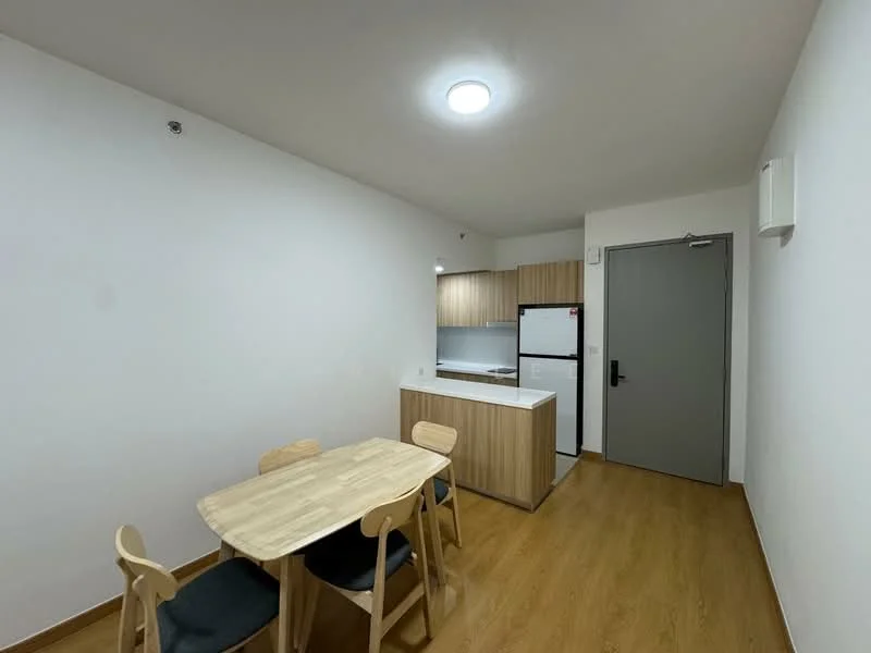 Room features: light wood dining table with four chairs, white walls, laminate flooring, kitchenette with light wood cabinetry, white countertop, stainless-steel fridge, built-in kitchen cabinet, single-bowl sink, wall-mounted air conditioning unit, ceiling light fixture; style: modern.