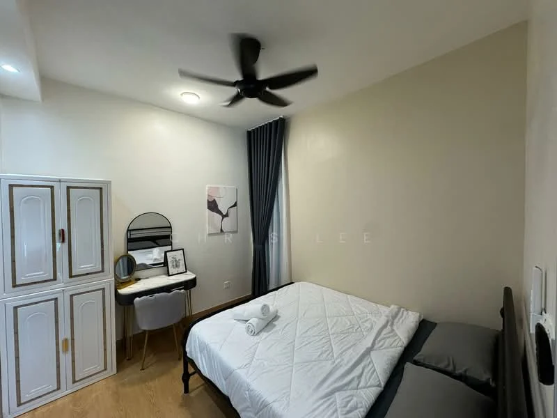 Bedroom features: queen-size bed with white bedding, upholstered headboard, 2 bedside towels, wooden flooring, white painted walls, ceiling fan with light, desk with chair, built-in wardrobe with white doors, window with grey curtains, framed artwork on wall; style: modern.