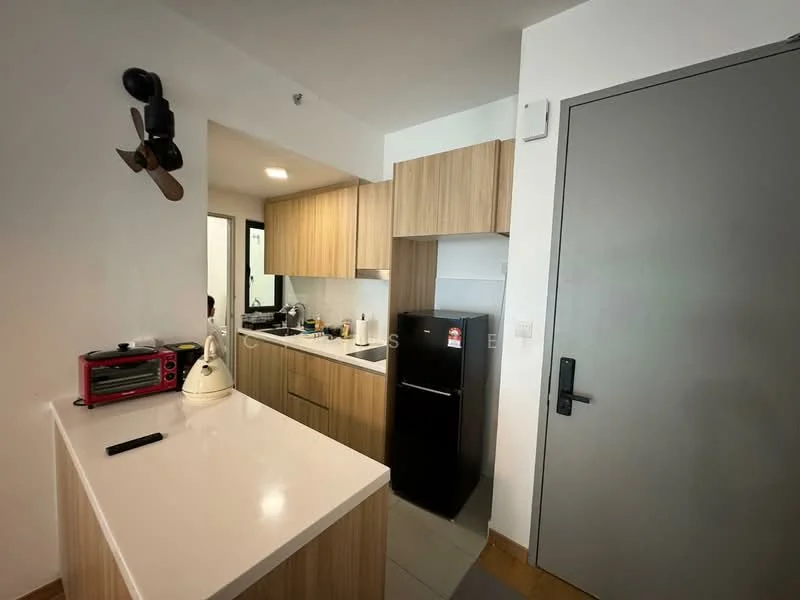 Kitchen features: white quartz countertop, wood cabinetry, stainless-steel fridge, built-in oven, toaster oven, single-bowl stainless-steel sink, chrome pull-down faucet, ceramic tile flooring, recessed downlights, wall-mounted cabinets, open shelving, grey walls; style: modern.
