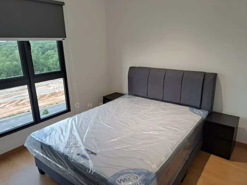 Bedroom features: queen-size bed with mattress protector, upholstered headboard in grey, two black bedside tables, floor-to-ceiling windows, blackout roller blinds, wooden flooring, neutral wall color, view of greenery outside; style: modern; view: garden.