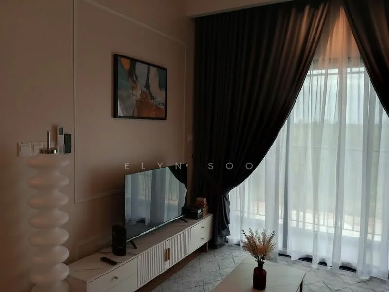 Living features: light grey marble flooring, white painted walls, floor-to-ceiling windows, sheer curtains, blackout curtains, wall-mounted TV, white TV console, decorative vase with flowers, abstract artwork on wall, sofa with cushions, coffee table; style: modern.