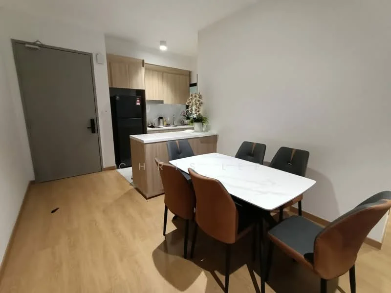 Dining features: 6-seater dining table with marble top, upholstered dining chairs in brown and black, wooden flooring, kitchenette with wooden cabinetry, black refrigerator, stainless-steel sink, countertop with space for appliances, wall-mounted light fixture; style: modern.