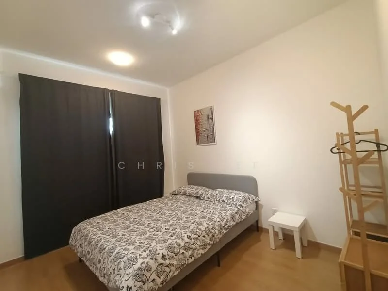 Bedroom features: queen-size bed with patterned bedding, white walls, wooden flooring, blackout curtains, ceiling light fixture, nightstand, clothes rack, decorative wall art; style: modern.