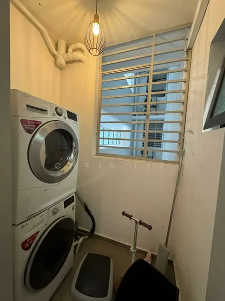 Laundry features: stacked front-load washing machine, stacked dryer, grey tiled flooring, white painted walls, window with security bars, overhead pendant light, laundry basket, clothes drying rack; style: modern.