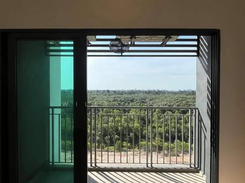 Room features: glass sliding door, metal railing balcony, outdoor view of greenery, overhead light fixture, concrete flooring, wall with painted finish; style: modern; view: garden.