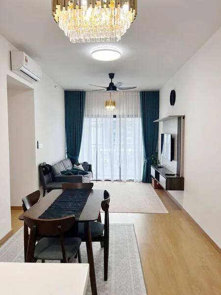 Living features: 3-seater fabric sofa in dark grey, coffee table, wall-mounted TV, TV console, area rug with geometric pattern, floor-to-ceiling windows, sheer curtains, dark blue curtains, ceiling fan with light, chandelier, wooden flooring, decorative wall clock; style: modern. Dining features: 6-seater dining table, wooden dining chairs, table runner, decorative centerpiece; style: modern.