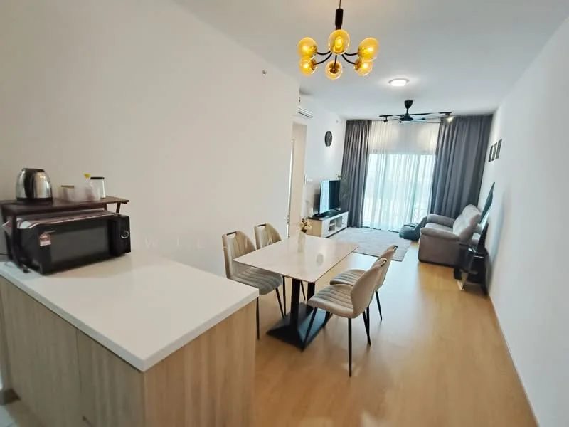 Living features: light wood flooring, white painted walls, recessed downlights, 5-blade ceiling fan, sofa in light grey fabric, coffee table, TV console, wall-mounted TV, floor-to-ceiling windows with sheer curtains, dining table for 6 with white tabletop, upholstered dining chairs in beige, microwave, kitchen counter with light wood cabinetry; style: modern; view: garden.