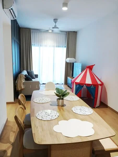 Dining features: 6-seater dining table, wooden dining table, round placemats, decorative plant on table, light wood flooring, ceiling fan, wall-mounted air conditioning unit, curtains, sofa in background, floor-to-ceiling windows, play tent in corner, blue cabinet; style: modern.
