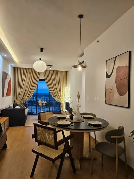 Living features: wooden flooring, white painted walls, floor-to-ceiling windows, sheer curtains, sofa in dark blue, coffee table, decorative artwork on walls, hanging pendant light, recessed lighting, dining table with round top, 4 dining chairs, decorative vase on table; style: modern; view: sea.