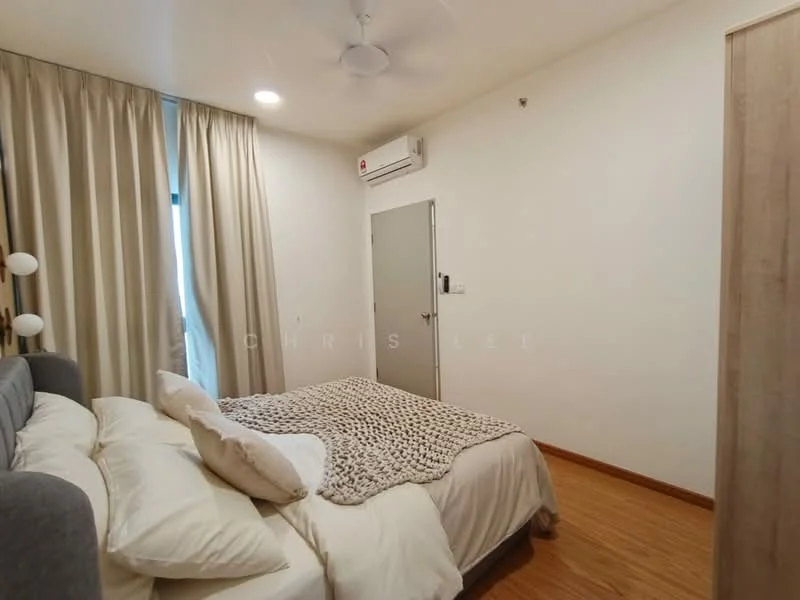 Bedroom features: queen-size bed with white bedding, upholstered headboard, bedside lamp, wooden flooring, floor-to-ceiling window with sheer curtains, wall-mounted air conditioning unit, light-colored walls, decorative throw blanket; style: modern.