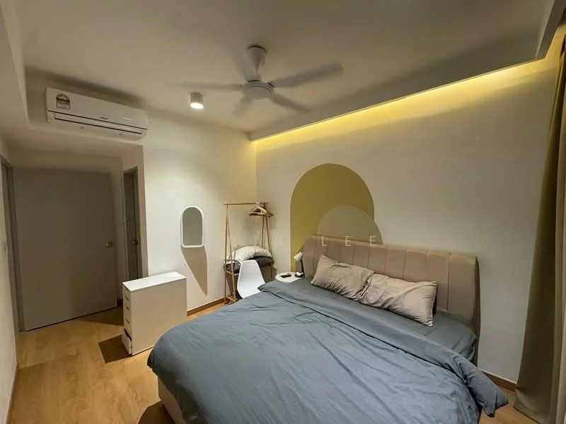 Bedroom features: king-size bed with upholstered headboard, grey bedding, 2 bedside tables, wall-mounted mirror, clothing rack, 1 wall-mounted split AC, ceiling fan, recessed LED lighting, wooden flooring, painted accent wall with circular design, curtains; style: modern.