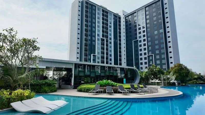 Exterior type: high-rise condominium; features: glass curtain wall, black and white facade, recessed balconies, swimming pool with loungers, landscaped garden with tropical plants, manicured lawn, outdoor seating area, pool deck, modern architectural design; style: modern.