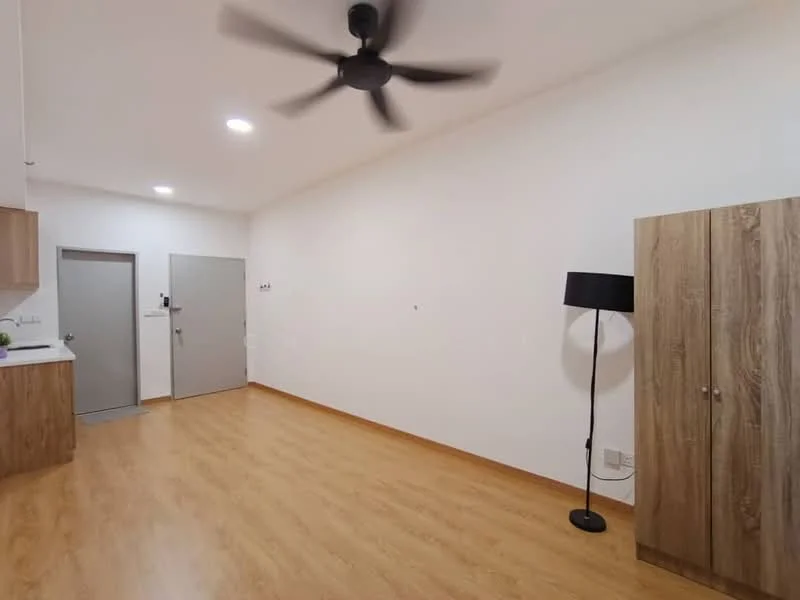 Room features: laminate flooring, white painted walls, 5-blade ceiling fan, recessed LED downlights, wooden cabinet, floor lamp, door with handle, grey door, window with no visible treatment; style: modern.