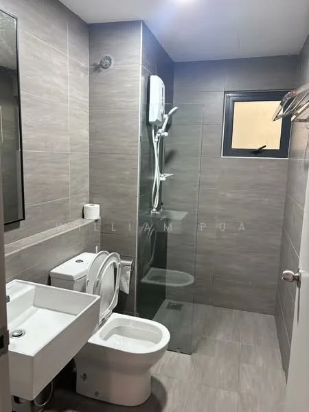 Bathroom features: grey tiled walls, grey tiled flooring, glass shower enclosure, wall-mounted shower head, toilet, sink with wall-mounted faucet, mirror above sink, towel rack, window, white toilet, white sink; style: modern.