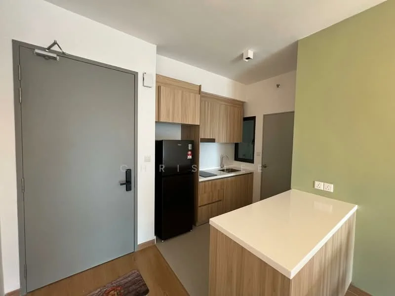 Kitchen features: grey painted walls, light wood cabinetry, white quartz countertop, single-bowl stainless-steel sink, chrome pull-down faucet, black refrigerator, built-in oven, ceramic tile flooring, recessed downlights, open shelving, kitchen island; style: modern.