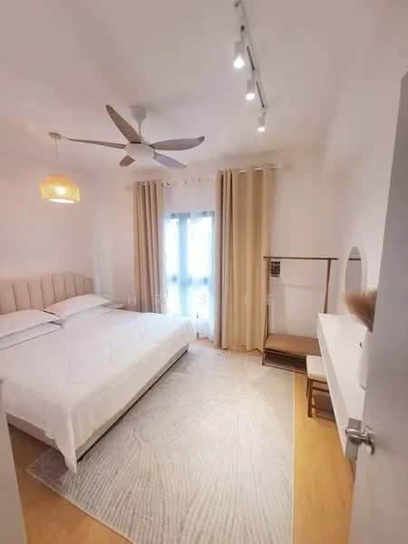 Bedroom features: queen-size bed with upholstered headboard, white bedding, 5-blade ceiling fan with light, recessed LED downlights, wooden flooring, large window with sheer curtains, light-colored curtains, decorative pendant light, dressing table with mirror, area rug with geometric pattern, wooden chair; style: modern.