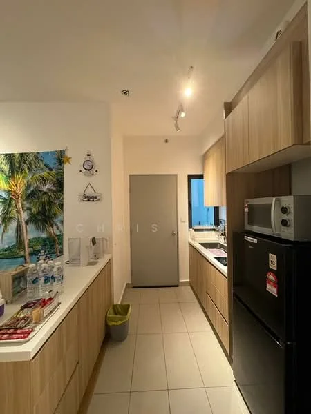 Kitchen features: light wood cabinetry, white countertop, stainless-steel sink, chrome faucet, built-in microwave, stainless-steel fridge, tile flooring, recessed lighting, window with natural light, kitchen utensils on countertop, water bottles on countertop, grey door, wall-mounted cabinet; style: modern.