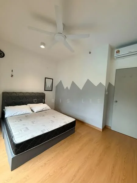 Bedroom features: king-size bed, upholstered headboard, 5-blade ceiling fan with light, wall-mounted air conditioning unit, light wood flooring, white painted walls, accent wall with mountain design, framed artwork, window with blinds; style: modern.