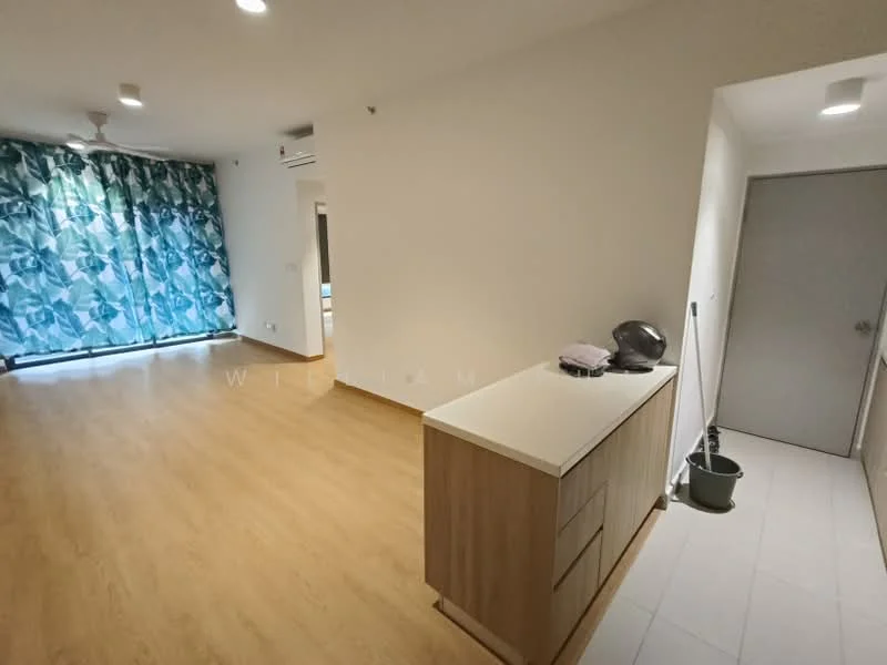 Living features: laminate flooring, white painted walls, 5-blade ceiling fan, floor-to-ceiling windows with sheer curtains, light-colored cabinetry, recessed downlights, open layout, neutral color scheme; style: modern. Room features: tile flooring, grey door, light fixture.